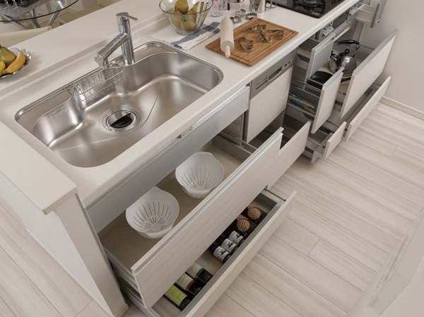 Kitchen.  [Slide cabinet (with Bull motion function)] To sink lower, Adopted also easy to take out slide cabinet thing in the back. Quiet close with bull motion also work vigorously closed.