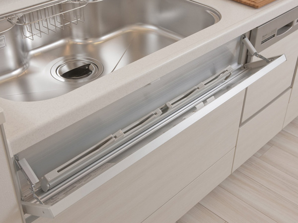 Kitchen.  [Kitchen knife flap storage] Secure a space that can accommodate the kitchen knife before sink. With a lock function of the peace of mind, Holder portion is taken out can also wash, It is easy to clean.