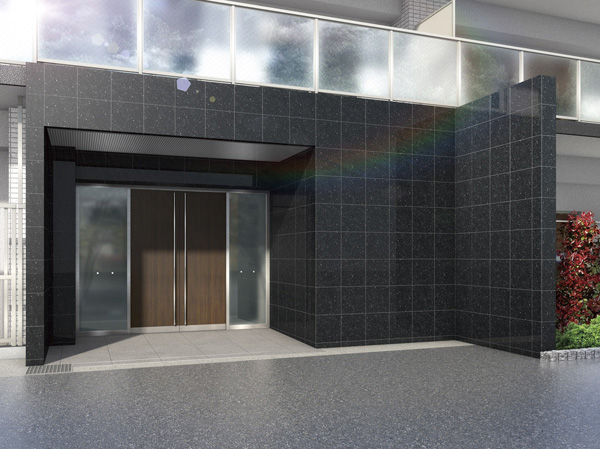 Shared facilities.  [Entrance Rendering] Entrance to "black" to express a sharp image. Also realized approach of people car separation of the flow line separated by the people and the car to the apartment. (In fact a somewhat different in those that caused draw based on the drawings. Tree species planted in the site ・ About the size has become a undetermined, It does not grow to about Rendering at the time of completion. Planting does not indicate the status of a particular season)