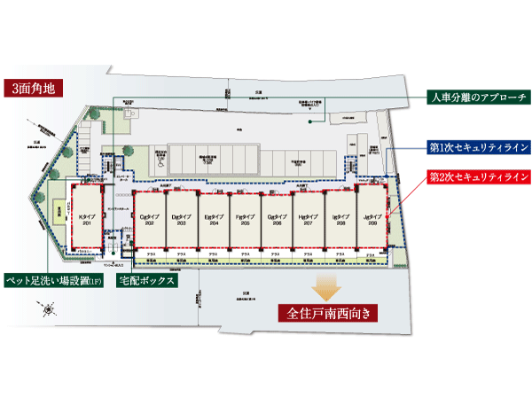 Shared facilities.  [Three-sided corner lot, Living space with a feeling of opening of all dwelling units southwestward] Southwest ・ Northwest ・ Located in the three-sided corner lot with a road to the northeast face, Also according to the design of all dwelling units southwestward, We created a luxurious living space full of warm sunshine. (Site layout conceptual diagram / It is a conceptual diagram which is a combination of one-floor plan view and a 2-floor plan view, In fact a slightly different)