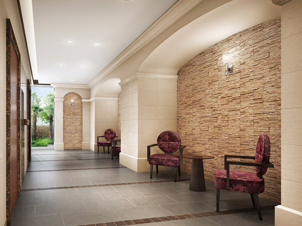 Shared facilities.  [Entrance hall] Draw the elegance of Europe, Entrance Hall of the beautiful architectural design. Advanced security system, Home delivery locker, On the first floor underground, such as discarded 24 hours trash, Service & Support is enhanced. (Rendering)