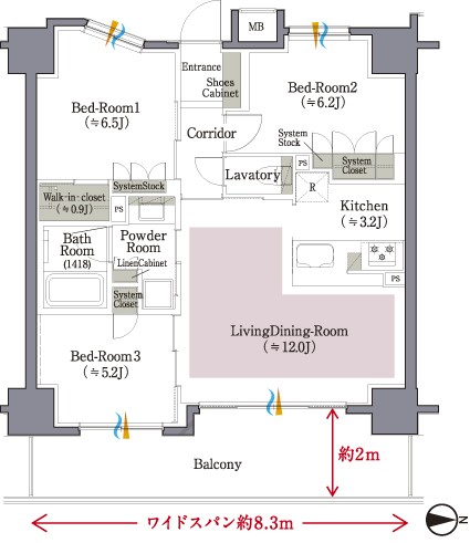 B type ・ 3LDK Occupied area / 70.15 sq m  Balcony area / 15.03 sq m