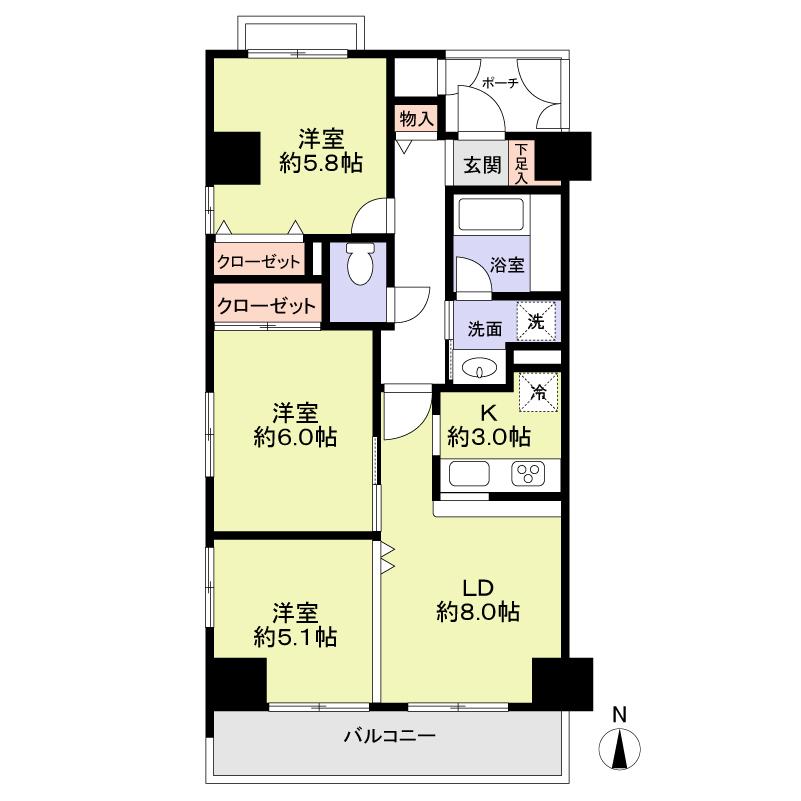Floor plan. 3LDK, Price 26,300,000 yen, Occupied area 63.22 sq m , Balcony area 6.9 sq m