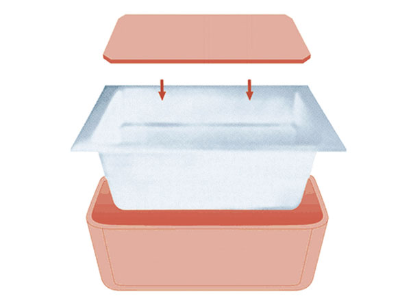 Bathing-wash room.  [Warm bath (with a private assembly lid)] By having a built-in thermal insulation material, such as in the bathtub and the lid, Saving even cold hard to utility costs hot water. (Conceptual diagram)