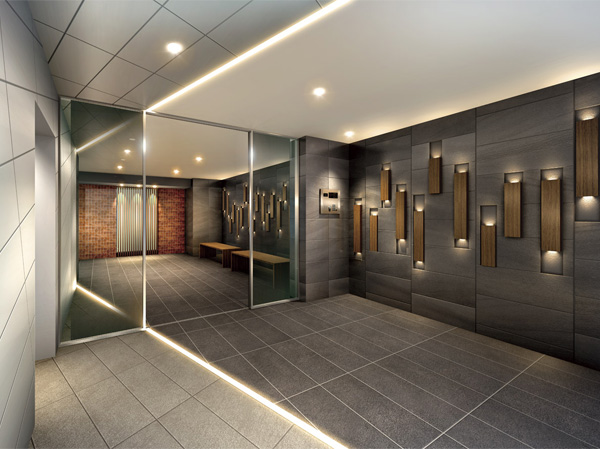 Shared facilities.  [Entrance hall] Space configuration edgy to claim the coexistence of Japanese and Western in contrast. Tilting the aluminum tiles on one wall, Produce a space in a novel approach to consciousness the illusion. On the other hand, we have designed a "wall of wood" to inherit the history of the natural values ​​and Hikawa approach of Japanese. (Rendering)