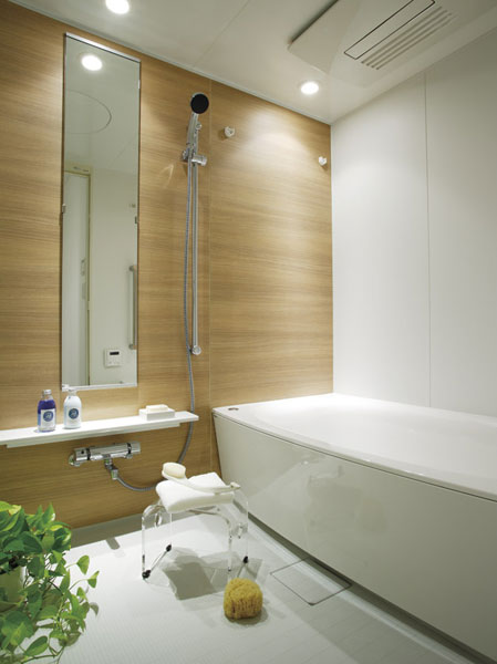 Bathing-wash room.  [Bathroom] Bow-type tub to draw a gentle arch. In design with a gently rounded wrap the body, Relax comfortably (excluding the premium dwelling unit). Also, Help to mold prevention in the bathroom, Gas bathroom heating dryer in winter you can heat the bathroom (TES) Ya, Of course, hot water-covered and Reheating is, Auto plus hot water, Has also adopted warmth such useful features full Otobasu of enhancement. (Model Room: Superior S-70O type)