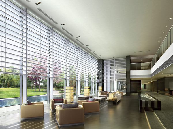 Shared facilities.  [Grand Lounge] Two central tower, Grand Lounge is located in the mid-coat, Relax comfortably while feeling a sense of unity with the Grand Garden, Main lounge. The center of the object reminiscent of the water, Grand is the basin with the response to the design of the garden. (Rendering)