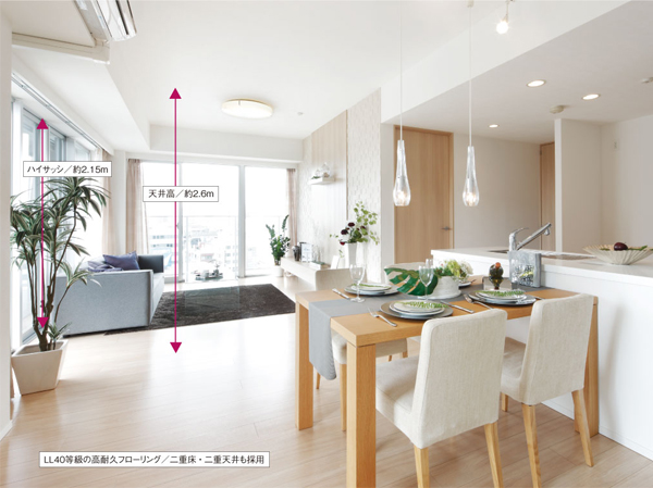 Room and equipment. In addition to the brightness of the south-facing and two-sided lighting, High ceiling, Haisasshi, Living which realized an open interior space due to Japan's first advanced construction method ・ dining. Fun family face-to-face kitchen reunion is likely to enjoy the is also attractive. (S-100C type ・ Furnished model room sales dwelling unit)