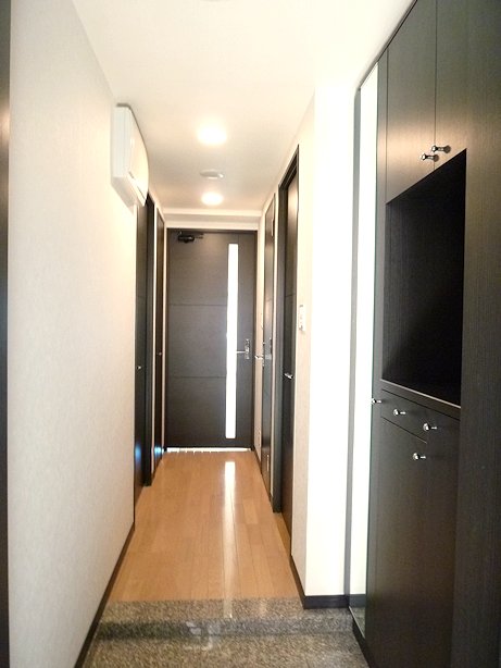 Entrance. Entrance hall there is a large shoe box with a mirror