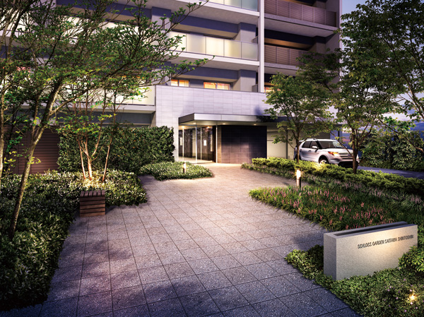 Buildings and facilities. To clear a certain approach of the south, which was born in it to set back the building from the road, Planting trees and flowers in abundance, Everyone was nestled a relaxing garden "South Garden". Kan name plate is installed in the entrance, Invites gently to the home a live person and guests. (South Garden Rendering)