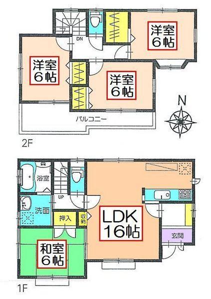 Floor plan. 30,800,000 yen, 4LDK, Land area 121.3 sq m , Building area 96.05 sq m Zenshitsuminami direction, Good housing per yang of the two sides lighting. Japanese-style room is adjacent to the living room, Is a floor plan of the easy-to-use 4LDK. 