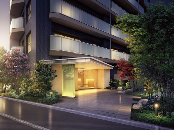 Shared facilities.  [Entrance approach] Placed in a random a variety of trees and quartzite in the entrance approach, Along with a mansion name plate, such as the warm lighting and lanterns such as candle, We directed the emotional rich appearance that invites peace. (Rendering)