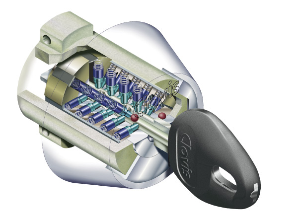 Security.  [Dimple key] Replication is difficult, Adopt effective dimple key to picking measures. It is a reversible design that does not matter the orientation at the time of insertion of the key. (Conceptual diagram)