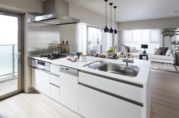 Building structure. Dish washing and drying machine, Grohe Co. faucet, Mantle type of range hood is a kitchen of all of the standard specification