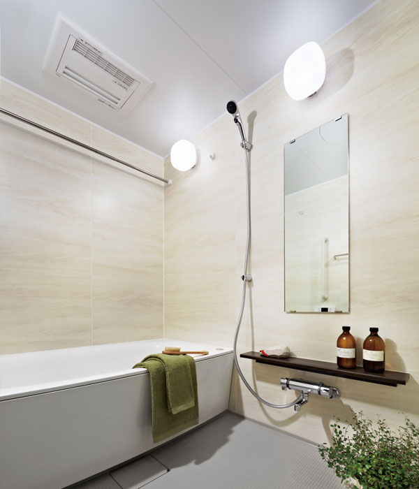 Bathing-wash room.  [Bathroom] The floor of the bathroom at the surface processing of drainage slip, To reduce the burden of cleaning.