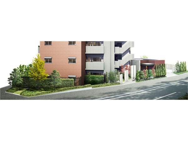 Shared facilities.  [Exterior - Rendering] In appearance, We aimed the design to increase the texture to every dwelling using the tiles and brick-tone border tile brick tone.