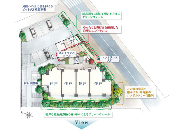 Shared facilities.  [Site layout] On the back high-street along and balcony surface, Colorful installed a green wall to ensure privacy. In addition, in order to cherish the residential area of ​​the landscape, Adopted parking with no feeling of pressure pit formula. Familiar in this land, It is beloved go design.