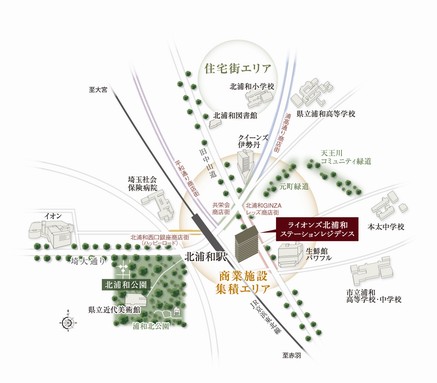 Around living area conceptual diagram. Convenient front of the station is living area crowded with a variety of commercial facilities