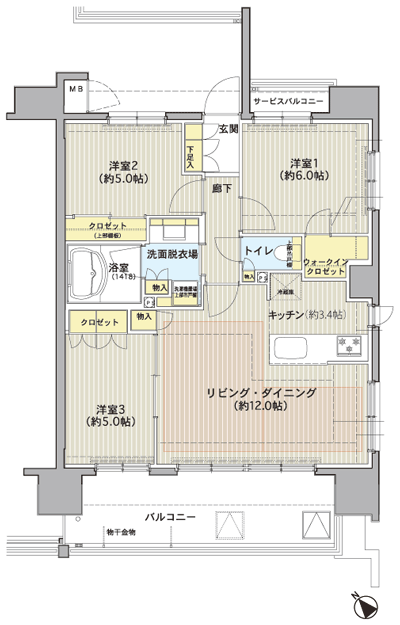 Floor: 3LDK + WIC, the occupied area: 68.64 sq m