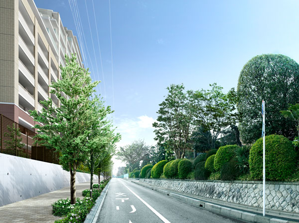 Shared facilities.  [Promenade fragrant style become a new symbol of the city mansion] To the south and west side of the city block, To concert with the green cityscape, Dogwood and Katsura, Fist, etc., Promenade (the sidewalk) is provided, which planted a variety of street trees, To people coming and going on the road, We offer a place to nurture the peace and community. (West Promenade Rendering)