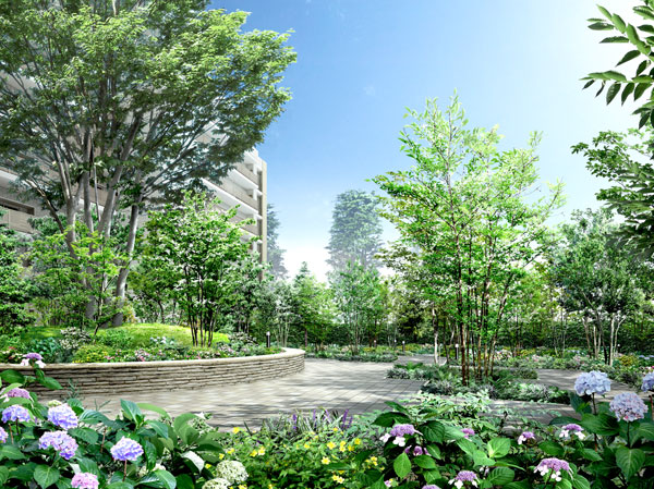 Shared facilities.  [Trees of green watered private patio of approximately 1000 sq m] Wrapped in green, It is nurtured in light and wind. Community spread among the natural. Precisely because it sets mansion that brings together the security technology of modern architecture and advanced, Space that connects the people and the people are, I want to be a "natural". That was such a thought to form, The courtyard. Because the security in the line, Also available with confidence in small children. (Center patio (courtyard) Rendering)