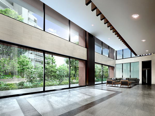 Shared facilities.  [Atrium space full of a feeling of opening overlooking the courtyard] If put through the wrapped in green approach to living building in the, There is, Entrance Hall & Lounge of opening-like atrium space. While wrapped in tranquility that has been disconnected from the street, On the other side of the wide glass wall more than 17m, It is possible to hope the spacious center patio (courtyard), This room full of space. Its luxurious comfort is, Is a large-scale residences unique. (West Residence Entrance Hall & Lounge Rendering)