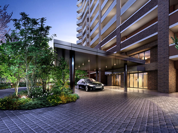 Buildings and facilities. Entrance that combines the dignity and warmth more than time. Entrance before the porte-cochere is, Also sticking to the material of the pavement surface, Not only usability, Was also enhanced degree of completion as landscape. Texture, such as the cobbled feel the calm appropriate to Yingbin space, It will be a thing Yuku increasingly dignity with the years pass. (West Residence Entrance & driveway Rendering)