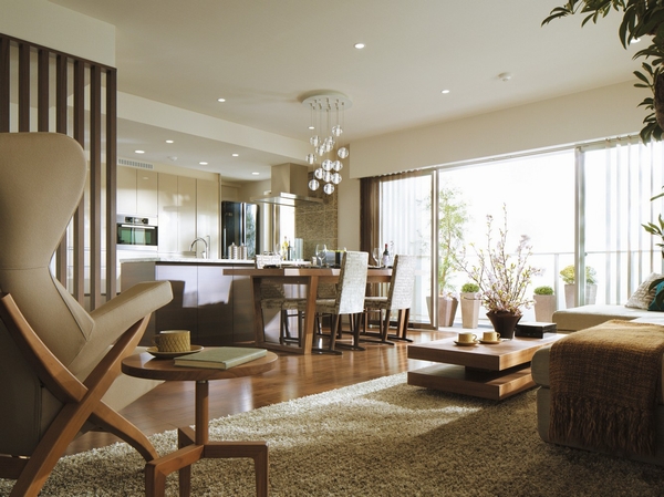 Living room overlooking the town of Tokiwa Urawa from wide opening ・ In fact a slightly different is subjected to some CG processing to dining (those obtained by photographing the model room W-95I type. furniture ・ Fixtures, etc. are not included in the sale price. Also, Including some paid options. Yes application deadline. 2013.2 shooting)