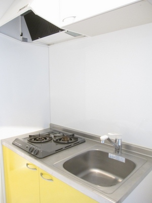 Kitchen. Fresh yellow kitchen two-burner stove of