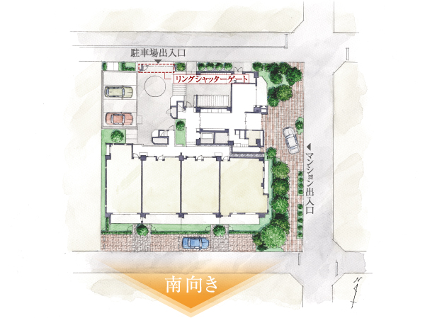 Features of the building.  [Three-way road to achieve an open indoor ・ South-facing dwelling unit center] The site is, Three-way three-way is in contact with the road Seddo. Ventilation of each dwelling unit ・ Enhance lighting, To achieve an open indoor. Also, We offer around the south-facing residential units that can secure a lot of sunshine hours. (Site layout illustration)