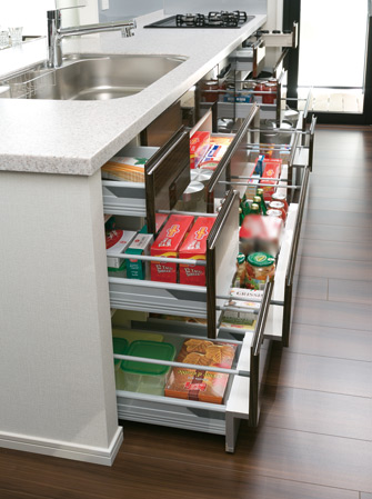 Kitchen.  [Slide storage] Storage of system kitchens, It can be effectively utilized in the prone cabinet in a dead space, It has adopted a sliding storage.