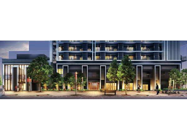 Features of the building.  [Exterior - Rendering] Taking advantage of the features of the site north side is facing the "primrose street" pedestrian road, We have to create a design with a sense of unity.  ※ In which the person or the like CG synthesis to that caused drawn based on drawing planning stage, In fact a slightly different. Details and equipment, etc. of shape, we have omitted.  ※ Trees, etc. is actually a little different in what drew the image of the location after you've grown on site. still, Planted 栽計 images are subject to change.  ※ Some off-site (around the building outline shape and pedestrian road ・ Align the roadside trees, etc.) have been Chakuirodori.