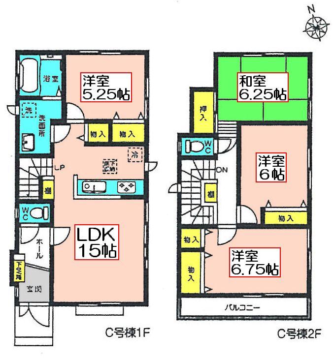Floor plan. (C Building), Price 34,500,000 yen, 4LDK, Land area 122.32 sq m , Building area 95.54 sq m