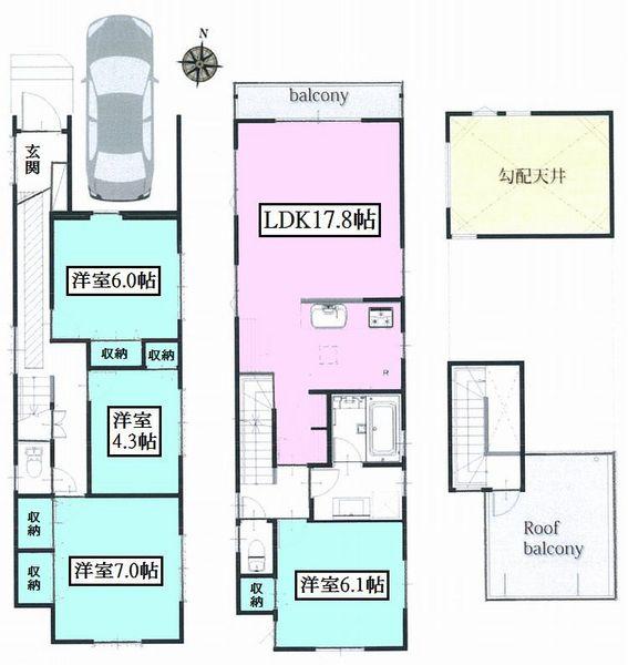 Floor plan. 29,800,000 yen, 4LDK, Land area 86.19 sq m , Atrium space using the building area 110.55 sq m 2 floor living gradient ceiling is wonderful. Also, Everywhere in the service storage, We have placed a niche.