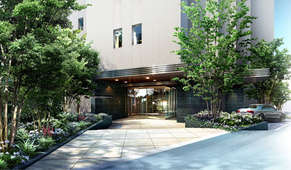 Shared facilities.  [Mansion of style with a porte-cochere] Planning a rich planting, including the symbol tree, Such as carriage porch provided the entrance approach and wide eaves with depth, Draw the appearance of the stately mansion. (entrance ・ Driveway Rendering)