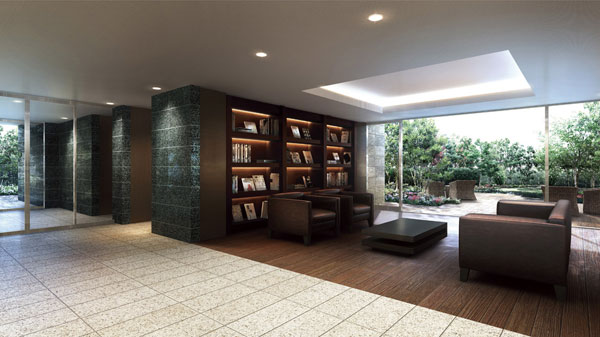 Shared facilities.  [Pleasant Hall & Lounge is an integral spread] Ahead of the approach with a depth, Entrance Hall that has been directed at the Art and indirect lighting will celebrate. Lounge spread integrally with, With a large book shelf on one wall, Space drifting calm in intellectual. Overlooking the lush greenery to the wide glass over the south side of sunlight pour, You can slowly relax. (Entrance hall ・ Lounge Rendering)