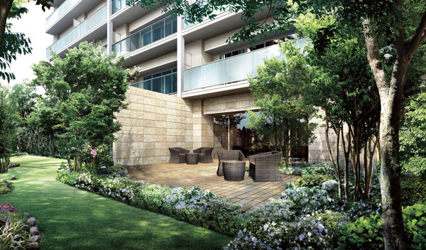Shared facilities.  [At ease surrounded by the green of moisture, "Garden Terrace"] On the outside of the lounge, Installed was designed to stretched paste the flooring tone tile "Garden Terrace". As a space of inside and outside together, Plan so that it can respond to a variety of community events. further, On the south side of the "Garden Terrace" is, Creating a "season Garden" which has been subjected to seasonal rich planting. Serve with accents such as natural stone and ground pink in a beautiful green, It becomes a space of peace. (Garden Terrace ・ Season Garden Rendering)