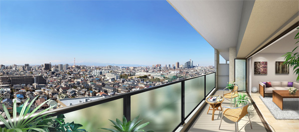 Living.  [Open-air space] Adopt a flexible window of full aperture capable Orito formula. Established the "open air space" which can taste the sense of unity with the outdoors in some dwelling unit. (DOS type Rendering CG ※ Local 14th floor equivalent than actually a little different from the southwest direction with those obtained by combining the view photo of the 2013 February shooting)