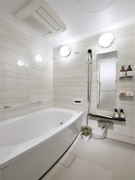 Bathing-wash room.  [Bathroom] Installing a smart bath lid storage that can be neatly stored. Also, Established a handrail, Consideration to the safe design. Bathrooms were installed stylish accessories shelf and smart counters that you can clean house the like shampoo and facial cleanser. (Model Room DOS type)