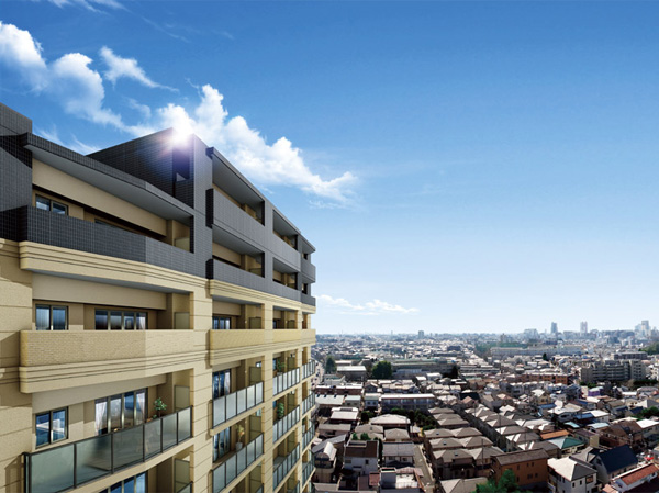 Shared facilities.  [appearance] Urawa-ku Ryoke chome, Facing the peaceful residential area 3 direction land. Birth to a location full of a feeling of opening overlooking the calm low-rise residential area. Dwelling unit is all houses southwestward. (Rendering CG ※ Local 14th floor equivalent than actually a little different from the southwest direction with those obtained by combining the view photo of the 2013 February shooting)