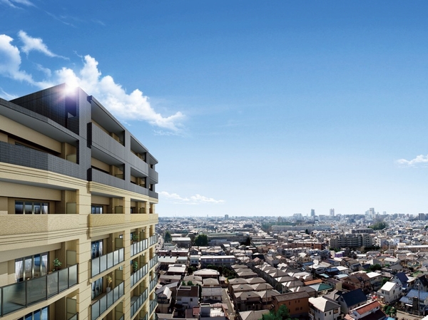 Buildings and facilities. View good-Zentei southwestward. Urawa-ku Ryoke chome, Facing the peaceful residential area 3 direction land. Birth to a location full of a feeling of opening overlooking the calm low-rise residential area. (Exterior CG ※ Local 14th floor equivalent than actually a little different from the southwest direction with those obtained by combining the view photo of the 2013 February shooting)
