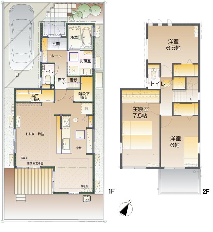Floor plan.  [No. 1 destination] So we have drawn on the basis of the Plan view] drawings, Plan and the outer structure ・ Planting, etc., It may actually differ slightly from. Also, car ・ furniture ・ Consumer electronics ・ Fixtures, etc. are not included in the price. 