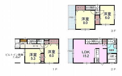 Floor plan. (3 Building), Price 36,800,000 yen, 4LDK, Land area 80.63 sq m , Building area 97.7 sq m