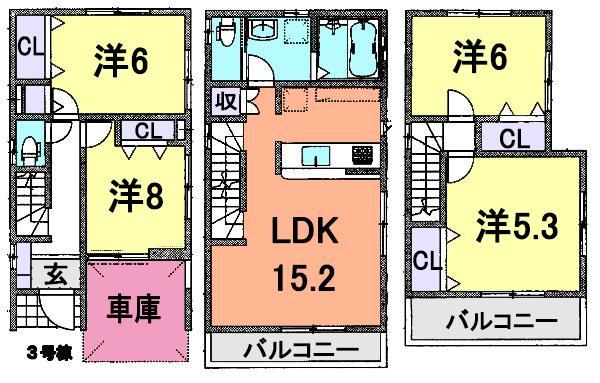 Floor plan. (3 Building), Price 36,800,000 yen, 4LDK, Land area 80.63 sq m , Building area 105.15 sq m