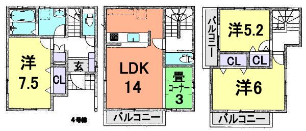 Floor plan. (4 Building), Price 40,800,000 yen, 3LDK, Land area 75.01 sq m , Building area 99.77 sq m