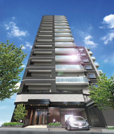 Shared facilities.  [All houses MinamiMuko, About corner dwelling unit rate of 80%. Form to shine in front of the station] The pedestrian deck in front, Dignified style is impressive design. As Station landmark, It emits a presence worthy of the premium location. (Exterior view)