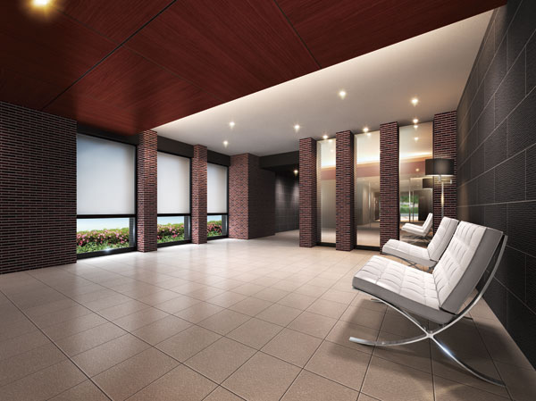 Shared facilities.  [Entrance Hall to welcome the appearance that there is calm and elegance] And the pillar of the mosaic tiles that take advantage of the texture of the soil to accent, Entrance Hall which has been subjected to a stylish arrangement. Ashirai mirror on the wall, Also directing airy. (Entrance Hall Rendering)