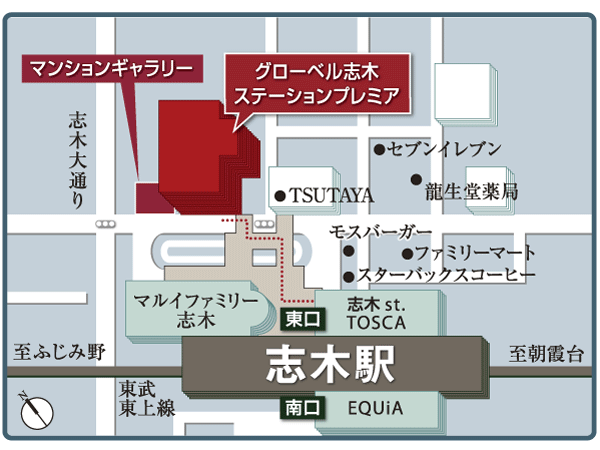 Surrounding environment. Address the redevelopment project is completed, Sophisticated cityscape landscape spreads out "Shiki Honcho 5-chome". Same apartment to birth in just a 2-minute walk from the "Shiki" station east exit, It is worthy mansion to be referred to as "station Premiere". (local ・ Mansion gallery guide map)