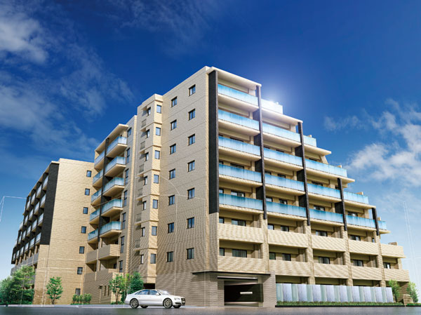 Features of the building.  [appearance] Carve a big presence at the station around the area, Of the total number of units 76 House "The ・ Park House Shiki Glorio ". And comfortably wrap around public space the family to live in the city, Affluent living space that has been colored by sunlight is available. (Rendering)