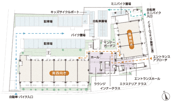 Features of the building.  [Public space filled with moisture and peace] What we need to residences close to the station, The external I think that space, such as the oasis of scandal. Fully took the depth approach. If all goes the full sense of quality entrance, In the earlier spread a green courtyard, Is welcoming lounge filled with tranquility. As soon as that has been had stepped one step foot in our house, It wraps those who live deep peace. (Site layout illustration)